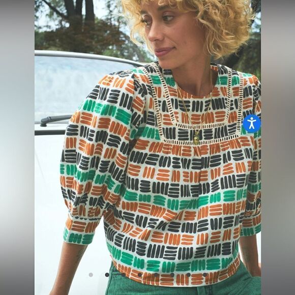 The Odell’s Kylie Blouse Anthropologie Crop Green Motiff Size XS NWOT - Picture 3 of 13